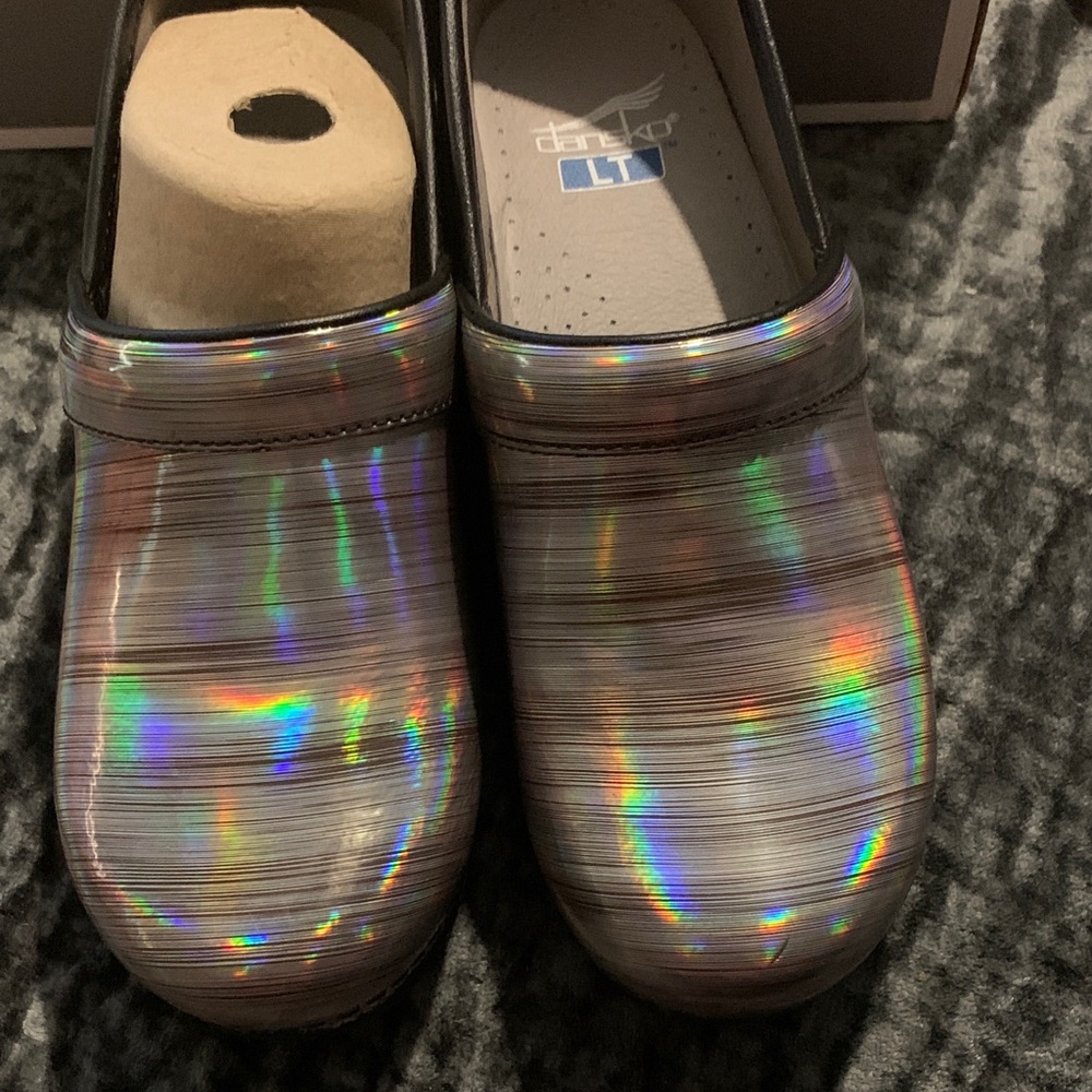 Dansko Iridescent Holographic Multi-Color Slip-On Clogs size 36
